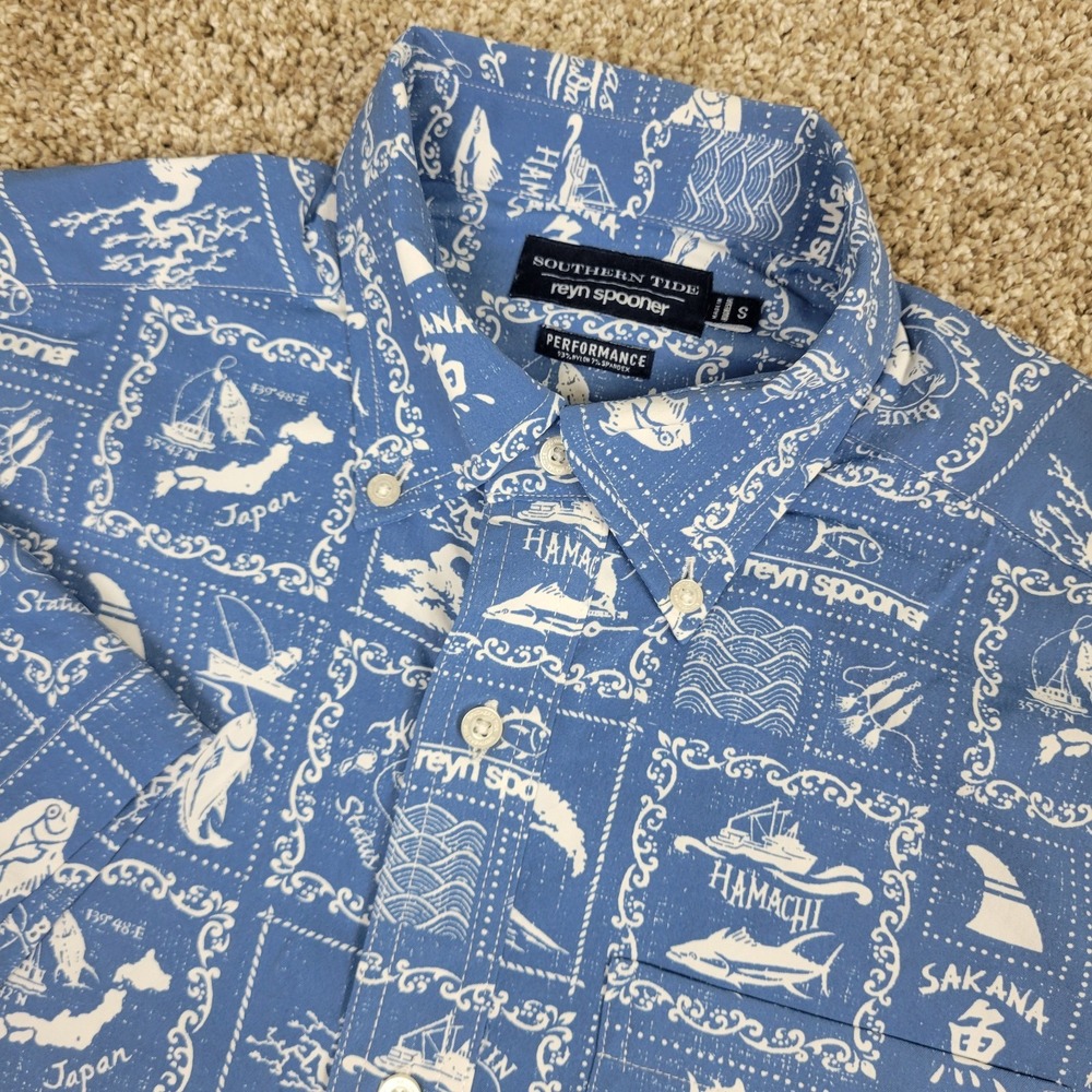 Southern Tide Reyn Spooner Performance Mens Small Blue AOP Fish Button Down SS